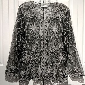 Valenti‎ Black Sheer Embroidered Long Sleeve Cardigan Top Jacket Size S